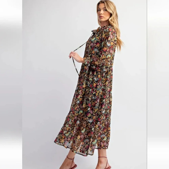 New Easel Black Floral Chiffon Midi Dress - Picture 5 of 5